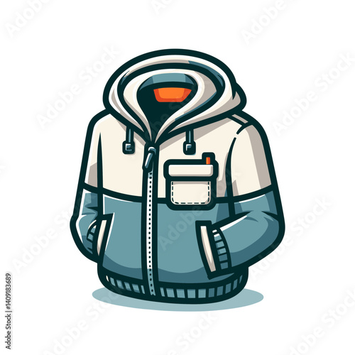 Two-tone winter puffer jacket with hood in blue and white. Ideal for cold weather clothing collections, winter fashion, and outdoor apparel advertising.