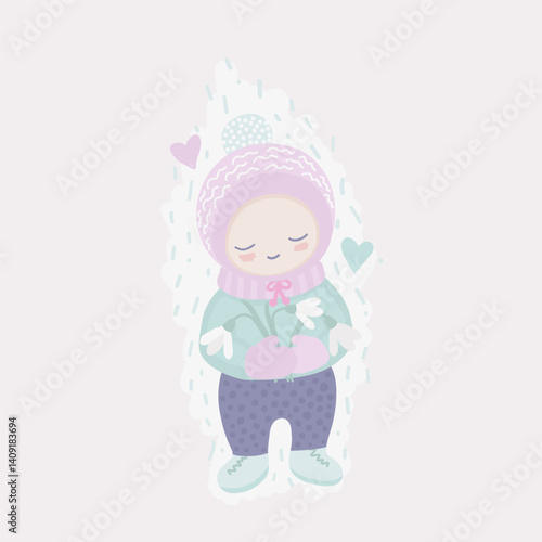 An illustration with a kid holding some snowdrops under the snow in the early spring. The cartoon cute illustration in soft pastel colors for prints, stickers, cards, and more.