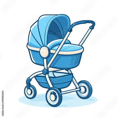 Blue baby stroller with white wheels and covered bassinet. Perfect for parenting blogs, baby registry items, and childcare equipment stores.
