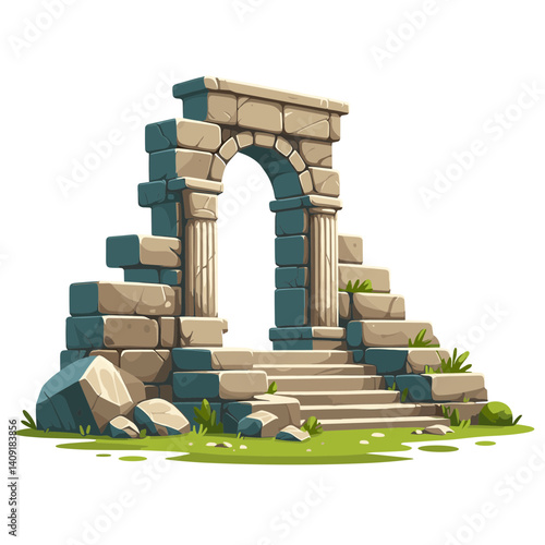 Ancient stone arch ruins with steps and vegetation. Ideal for historical sites, archaeological tourism, and architectural heritage illustrations.