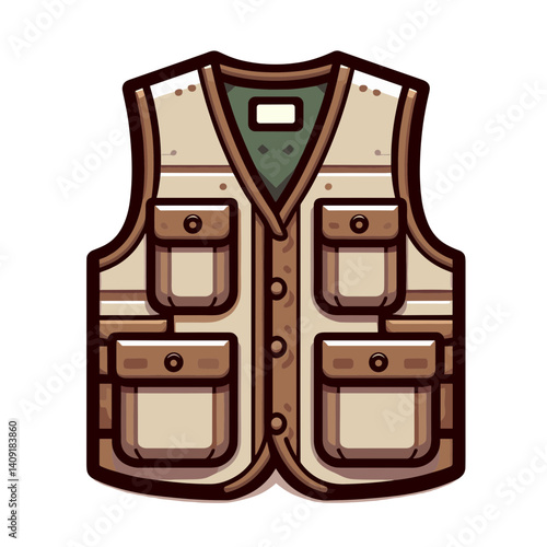 Beige safari vest with multiple pockets and buttons. Ideal for outdoor exploration, photography equipment, and adventure travel clothing concepts.