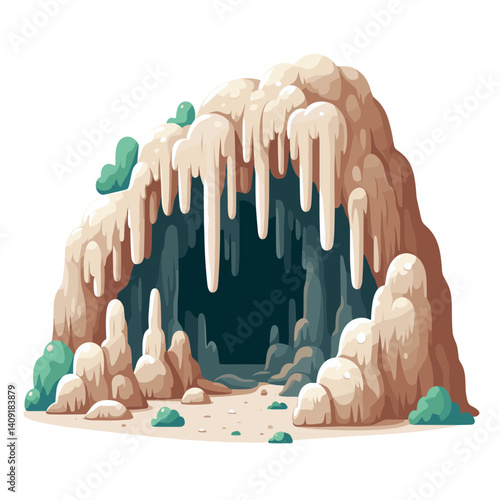 Limestone cave entrance with stalactites and stalagmites. Perfect for nature exploration, adventure tourism, and geological formation education.