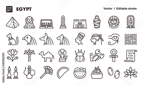 Egypt line icon set. Vector editable stroke icon.