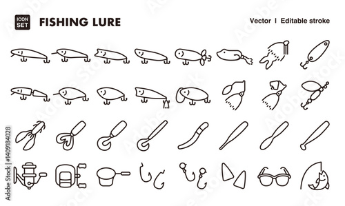 Fishing lure line icon set. Vector editable stroke icon.