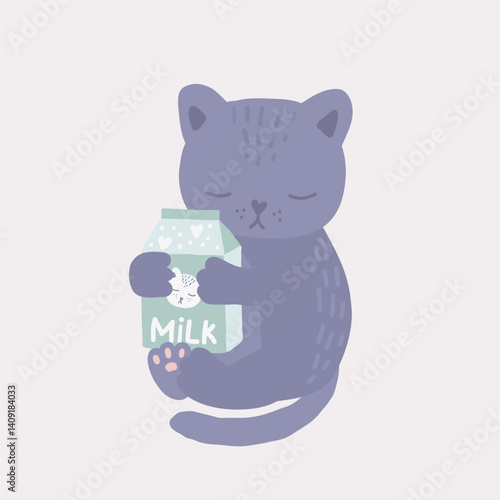 A sleeping cat is cuddling a milk carton in this hand-drawn cartoon illustration. Drawing with soft pastel colors and a funny little character that just loves milk.