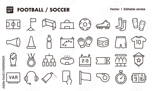 Soccer/football line icon set. Vector editable stroke icon.
