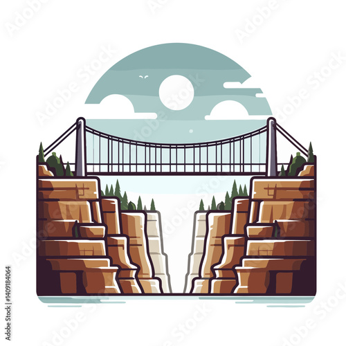 Suspension bridge over canyon with mountains and sky. Perfect for travel destinations, engineering marvels, and scenic landscape illustrations.