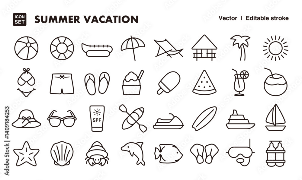 Fototapeta premium Summer vacation line icon set. Vector editable stroke icon.