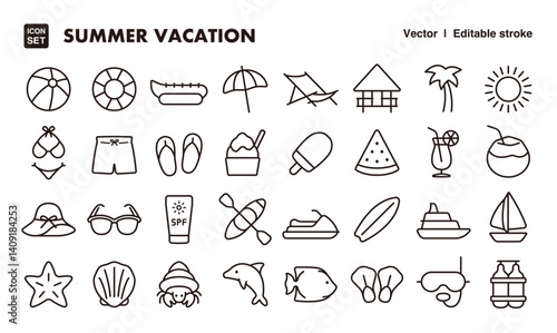 Summer vacation line icon set. Vector editable stroke icon.