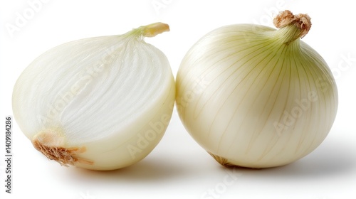 Onions Close Up One Cut in Half Against White Background