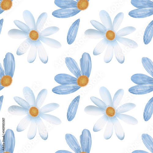 Seamless pattern of white daisies in watercolor. Summer mood. A floral symphony in soft tones
