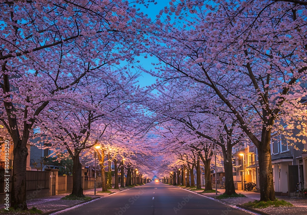 Fototapeta premium Walking Through Blossoming Cherry Trees on Street During Early Evening