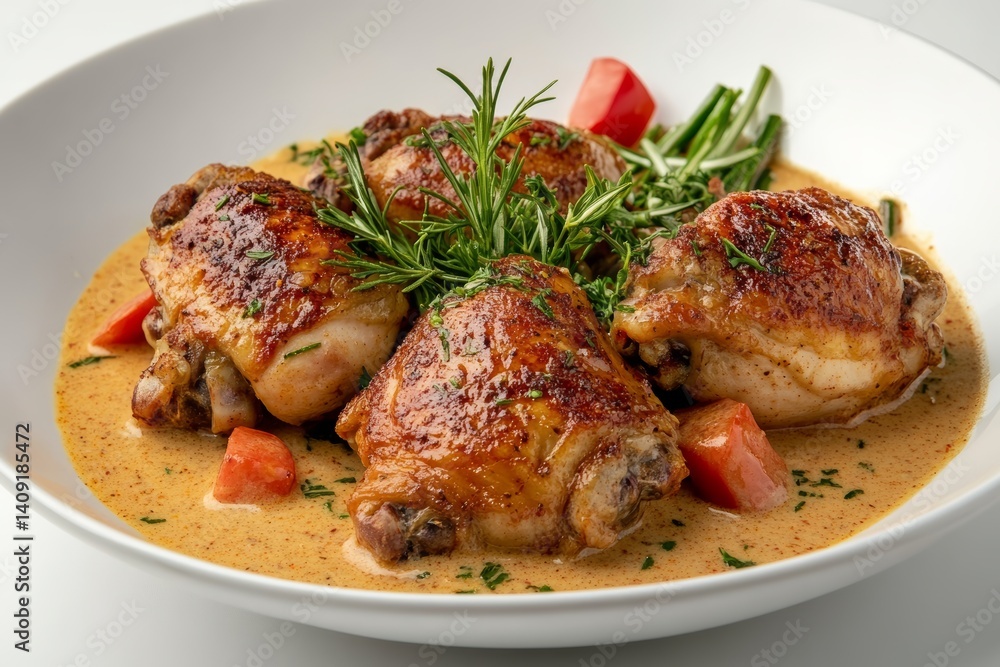 Bowl filled with Hungarian paprika chicken, succulent, glazed with creamy curry, topped with fresh rosemary. Concept of Hungarian paprika chicken, showcasing inviting culinary delight. Bowl filled with Hungarian paprika chicken, succulent, glazed with creamy curry, topped with fresh rosemary. Concept of Hungarian paprika chicken, showcasing inviting culinary delight.