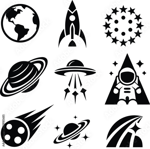 Astronomy Icons Set | Space Silhouettes in Black and White Vector