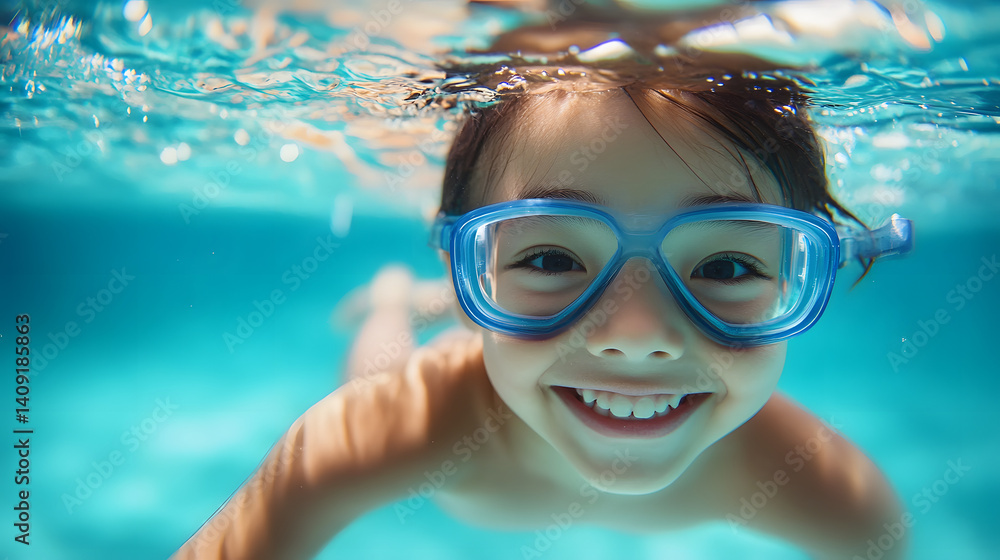Naklejka premium Underwater portrait of happy child in swimming pool.