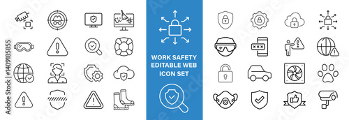 Work Safety editable stroke outline web icons set. Safety first, hazard, protection, health, insurance, regulations, helmet and work. Vector illustration