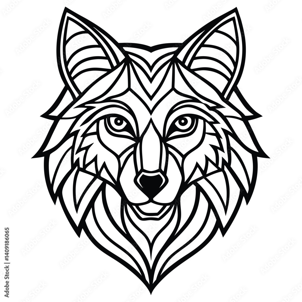 Fototapeta premium This wild animal vector illustration features a black silhouette of a wolf head, a tribal tattoo design similar to a lion or dog, showcasing its fierce and predatory nature