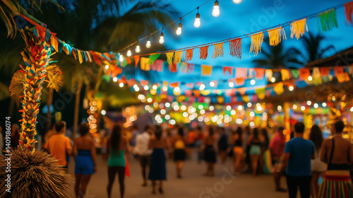 Crowd Enjoying Festa Junina Night Under Festive Lights and Flags in Brazil, Ai Generated Images.