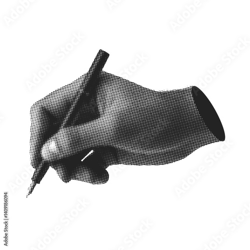 Hand Holding Pen Halftone Illustration, Hand Drawing, , Collage Style, 90s  Illustration, pointilism Style