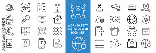 Work Safety editable stroke outline web icons set. Safety first, hazard, protection, health, insurance, regulations, helmet and work. Vector illustration