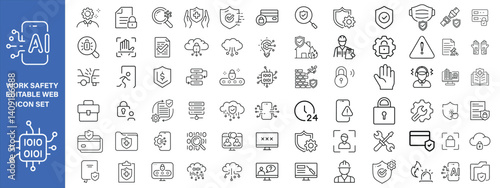 Work Safety editable stroke outline web icons set. Safety first, hazard, protection, health, insurance, regulations, helmet and work. Vector illustration