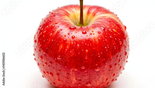 The close up photo captures a plump, juicy fruit coated in shimmering water droplets, creating a stunning visual contrast against the pristine white backdrop