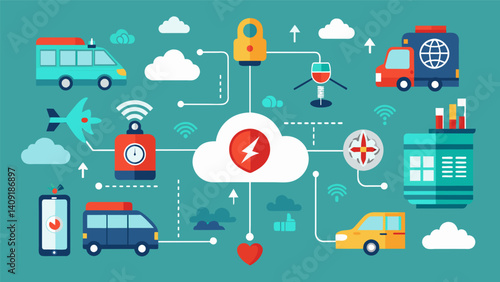 A seamless emergency response system that integrates data from various sources such as traffic patterns and weather to efficiently dispatch the appropriate resources.. Vector illustration