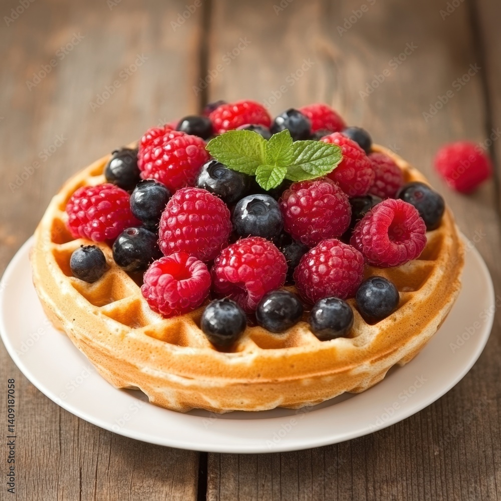 Delicious waffle with fresh raspberries and blueberries on a rustic wooden table sweet breakfast photography Delicious waffle with fresh raspberries and blueberries on a rustic wooden table sweet breakfast photography