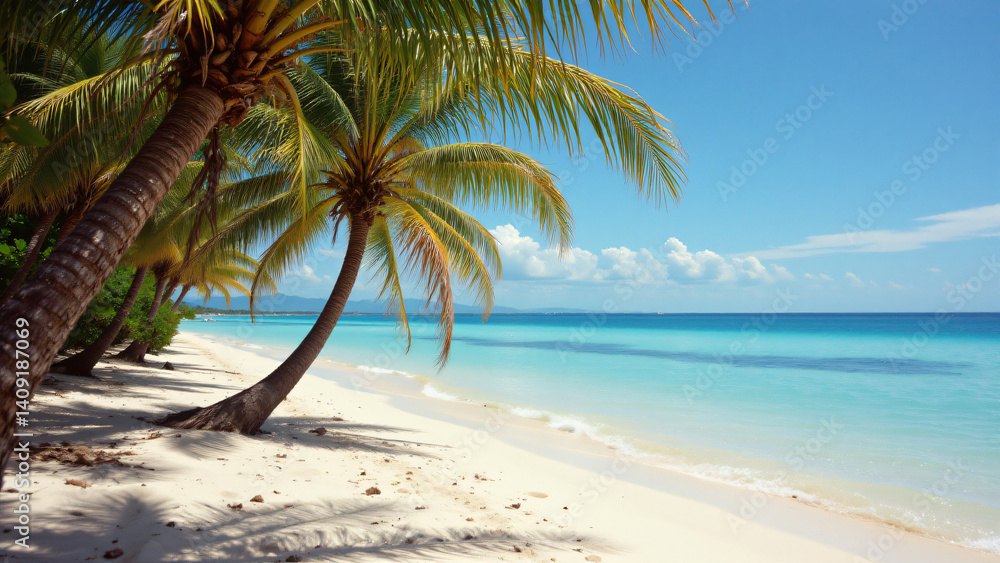 Fototapeta premium Clear, calm ocean water reflects the vibrant blue of the sky, meeting a beach of fine, light beige sand. Mature palm trees, their trunks textured with age, provide a tropical backdrop