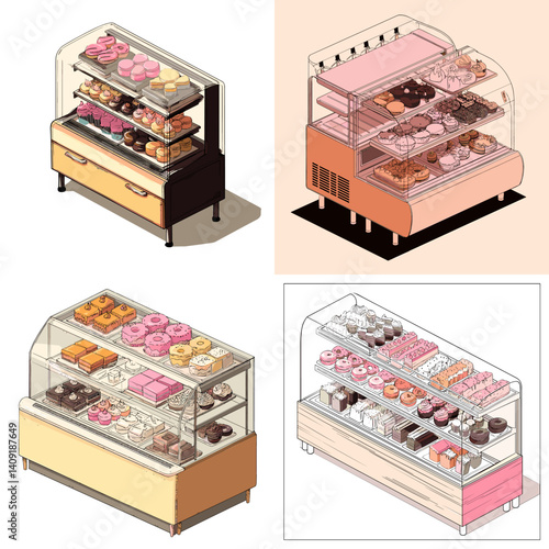 Isometric illustrations of bakery display cases filled with assorted donuts and pastries. Perfect for pastry shop branding, dessert visuals, cafe menus, and food packaging designs.

