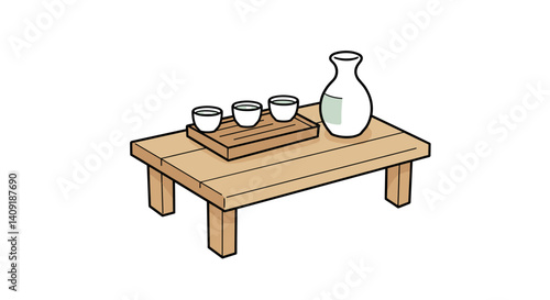 Wooden table with tea set and ceramic jug