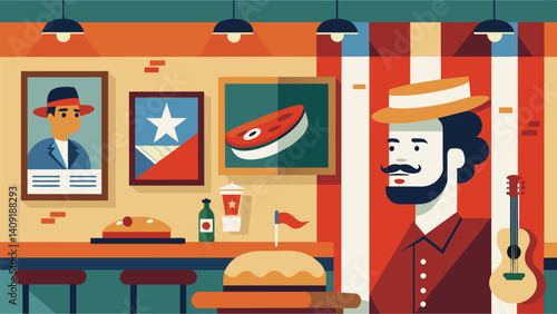 Inside the Cuban sandwich shop the walls are adorned with vintage posters and photographs of famous Cuban musicians.. Vector illustration