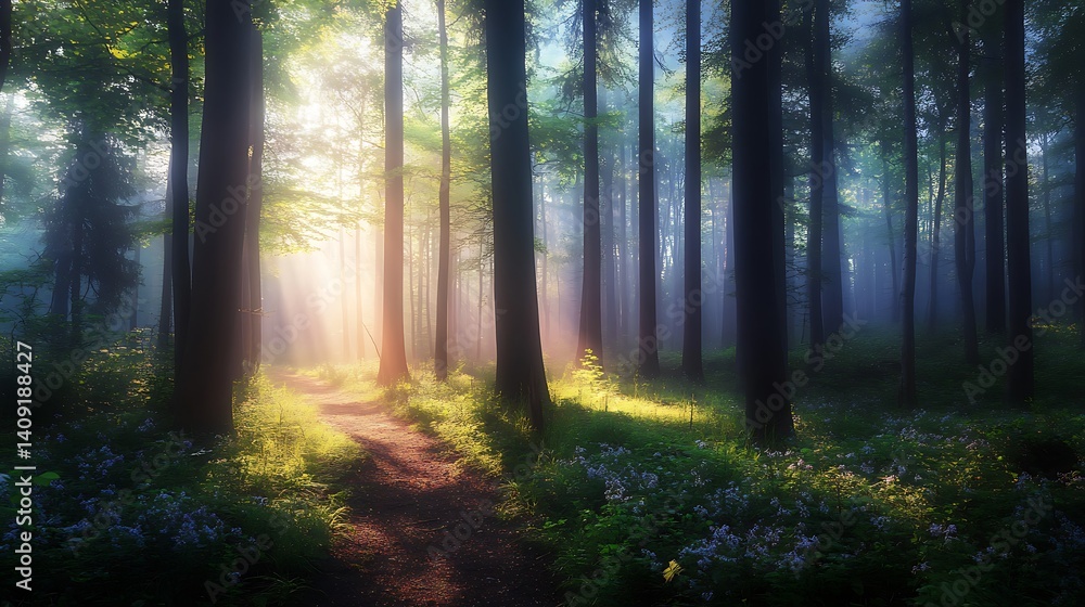 Obraz premium Sunlit Forest Trail With Green Trees and Ground Vegetation