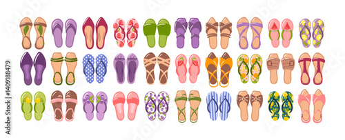 vibrant collection of summer footwear featuring stylish sandals, trendy mules, elegant ballet flats, and fun flip-flops. Each piece showcases bright colors and playful designs, perfect for sunny days