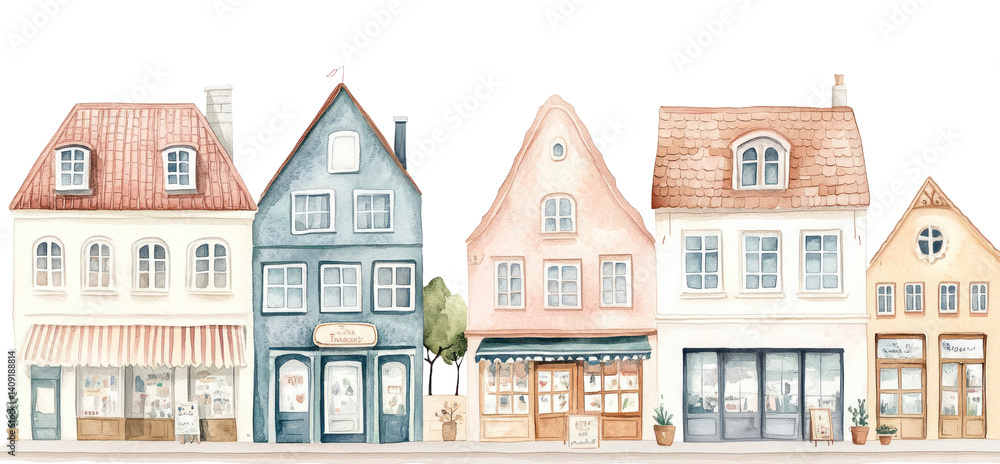 PNG Pastel European city townhouses architecture illustration watercolor.