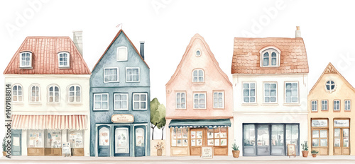 Obraz na płótnie PNG Pastel European city townhouses architecture illustration watercolor. w salonie