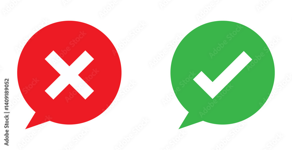 flat style tick and cross mark in speech bubble icon vector symbol. approve or deny concept. flat style tick and cross mark in speech bubble icon vector symbol. approve or deny concept.