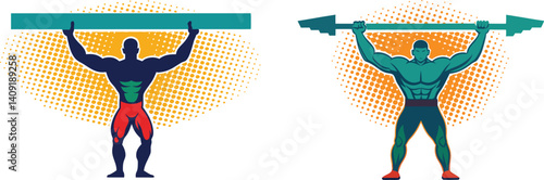 A muscular worker holding up a steel beam overhead, feet firmly planted — retro halftone backdrop.