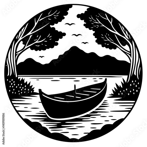Silhouette of a rowboat drifting along a tranquil river