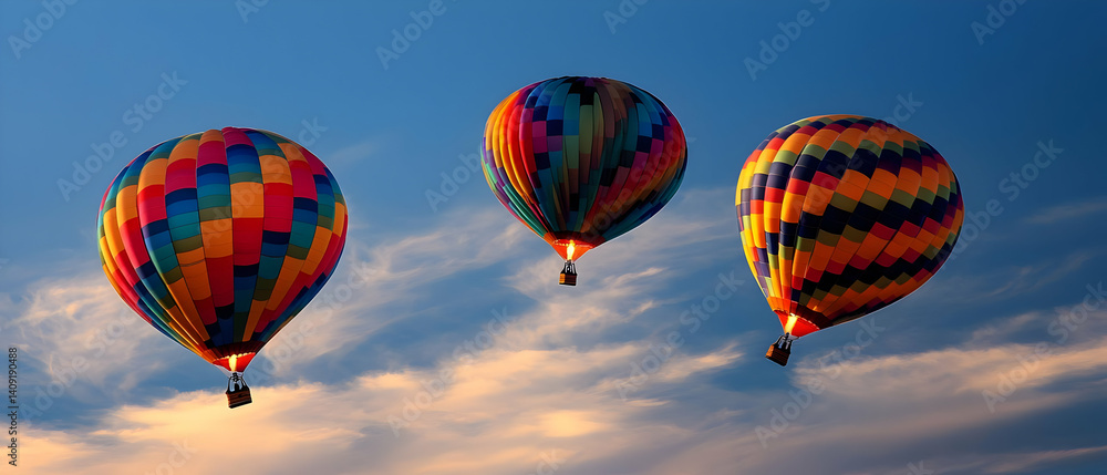 Obraz premium Colorful Hot Air Balloons Soar in a Blue Sky