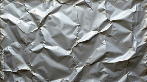 Warped and dented metal sheet, with noticeable distortions in its original form. The surface exhibits irregular curves, creases, and depressions, creating a dynamic interplay of light and shadow.