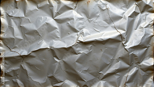 Warped and dented metal sheet, with noticeable distortions in its original form. The surface exhibits irregular curves, creases, and depressions, creating a dynamic interplay of light and shadow.