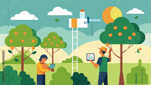 Installing weather stations throughout the orchard to gather realtime data on temperature humidity and wind patterns for precise environmental monitoring.. Vector illustration