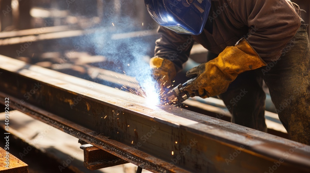 Construction worker welding metal beams at a construction site. Featuring precision and focus Construction worker welding metal beams at a construction site. Featuring precision and focus