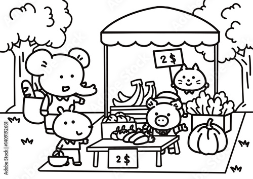Little animals shopping at the market.