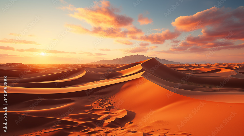 Sunset in the desert. Photo of a breathtaking desert sunset with majestic sand dunes. Sand dunes in the Desert