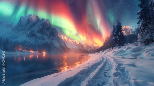 Obraz na płótnie Northern lights in the mountains. Beautiful winter night landscape. w salonie