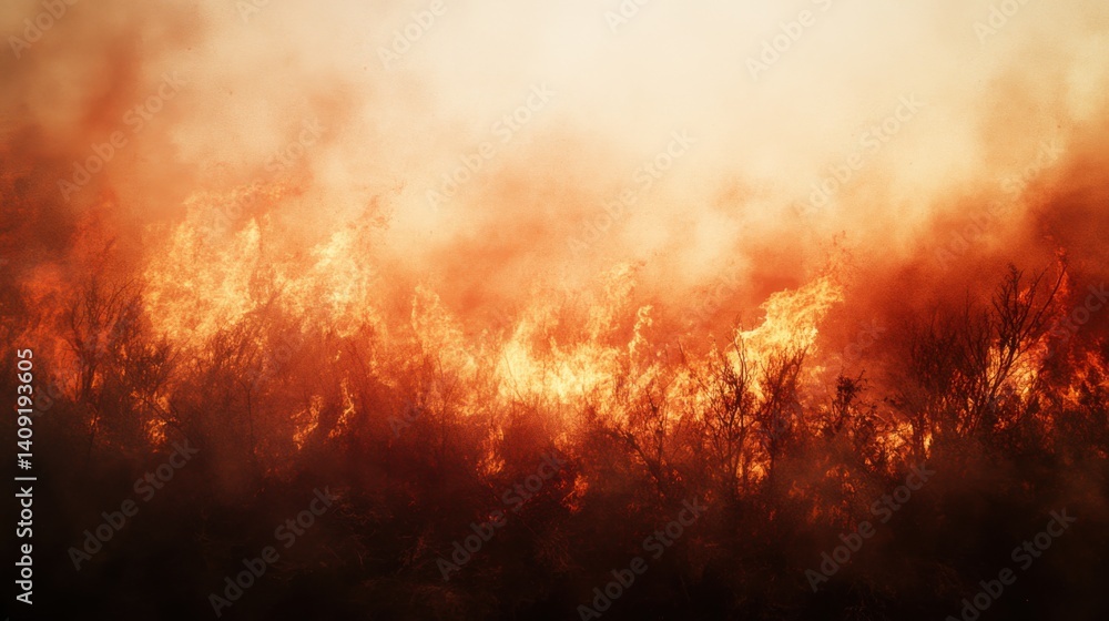 A wildfire raging across a dry forest. Featuring towering flames and scorched earth