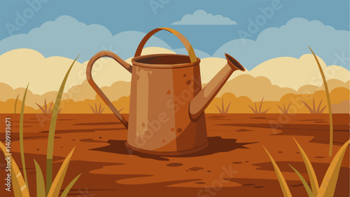 An empty and rusted watering can lying in the middle of a driedup field no longer useful in reviving the withered crops.. Vector illustration
