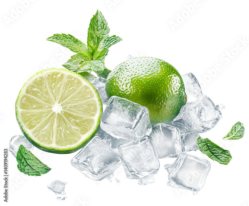 Fresh lime slice, ice cubes, and green mint leaves make refreshing and visually appealing display, looks enticing © pantila